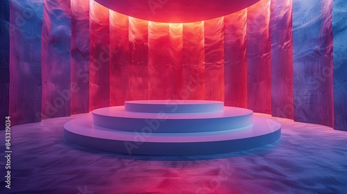 Wallpaper Mural Modern abstract podium with vibrant red and blue lighting, ideal for product display, presentations, or futuristic backgrounds. Torontodigital.ca