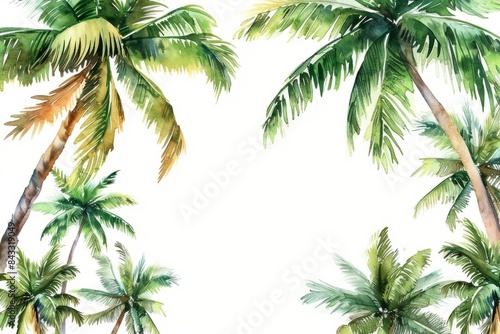 Tropical palm tree watercolor illustration with green leaves and blank white background  perfect for summer-themed designs and backgrounds.