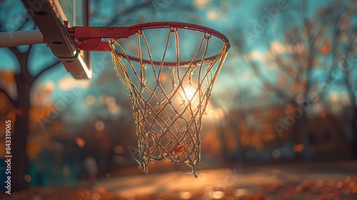 Sunset basketball hoop in an outdoor court, with beautiful autumn colors and a warm atmosphere highlighting the net and rim.