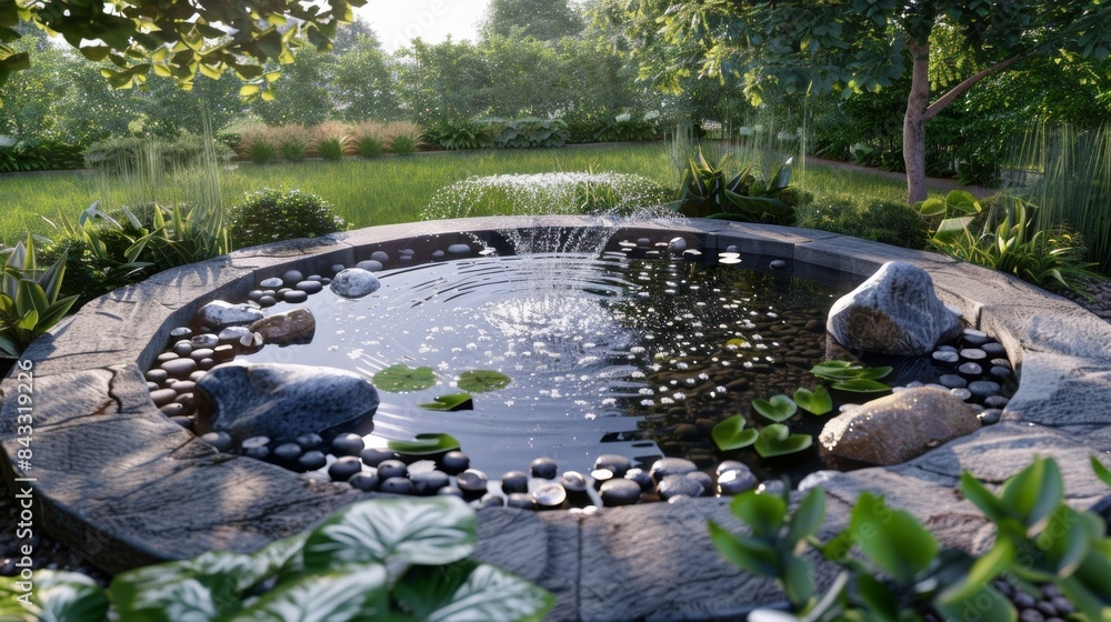 The construction of a small pond or fountain to add a calming water feature to the rooftop garden. The construction of a small pond or fountain to add a calming water feature to the rooftop garden.