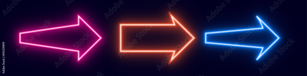 neon arrow icon with blue violet and orange bright light on dark background. three ( 3 ) arrows sign vector for element of ilustration design neon arrow icon with blue violet and orange bright light on dark background. three ( 3 ) arrows sign vector for element of ilustration design