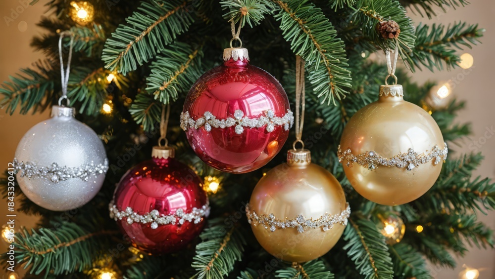 Fototapeta premium Christmas Ornaments on Green Tree