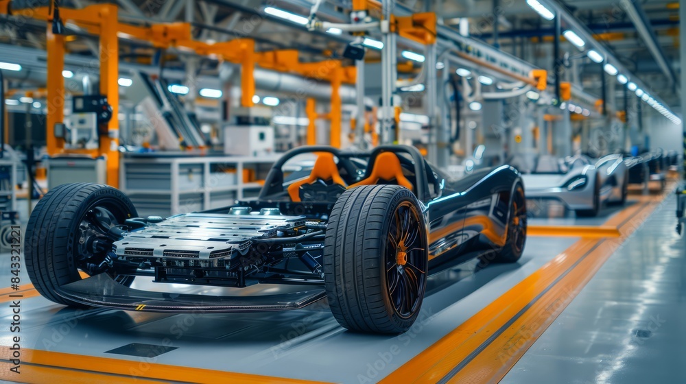 High-performance electric sports car chassis and battery packs in a state-of-the-art EV production facility, highlighting modern engineering and design, with significant space for text High-performance electric sports car chassis and battery packs in a state-of-the-art EV production facility, highlighting modern engineering and design, with significant space for text