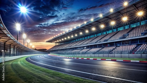 Illuminated nighttime racing stadium with vibrant led lights, sleek asphalt track, and sleek finish line, evoking speed, competition, and high-stakes racing drama.