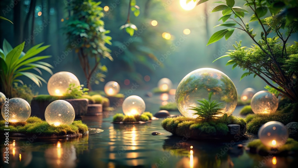 Serene digital art depiction of calming ambiance featuring soft glowing orbs, lush greenery, and subtle lighting, evoking feelings of peaceful meditation and introspection. Serene digital art depiction of calming ambiance featuring soft glowing orbs, lush greenery, and subtle lighting, evoking feelings of peaceful meditation and introspection.