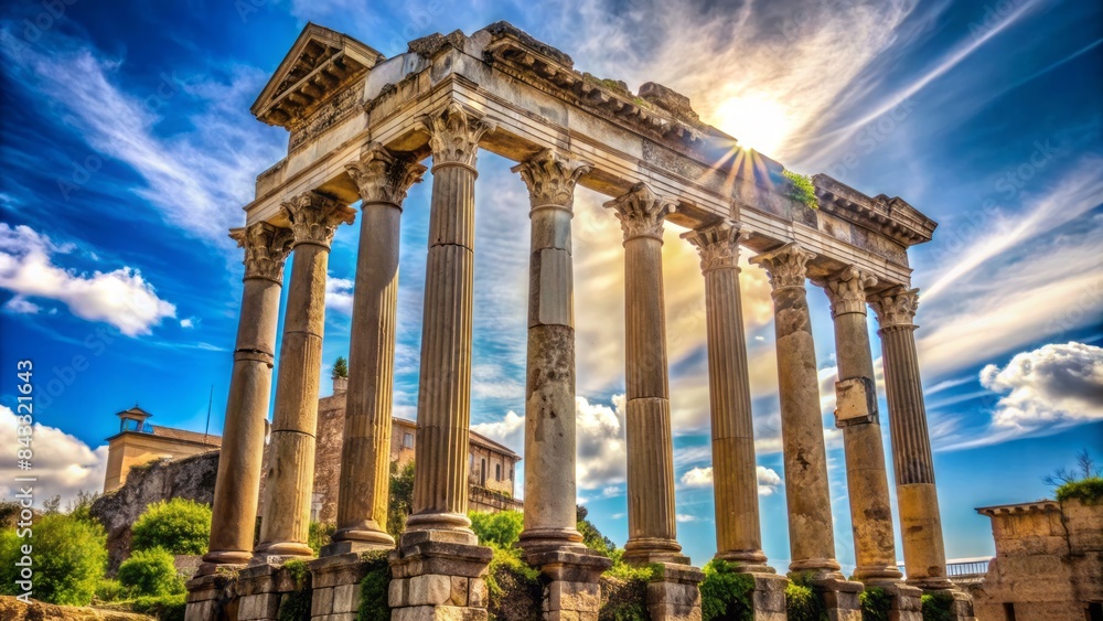 Ancient stone monument of caesar augustus reign era features intricate carvings, ornate columns, and majestic arches against a bright blue sky backdrop. Ancient stone monument of caesar augustus reign era features intricate carvings, ornate columns, and majestic arches against a bright blue sky backdrop.
