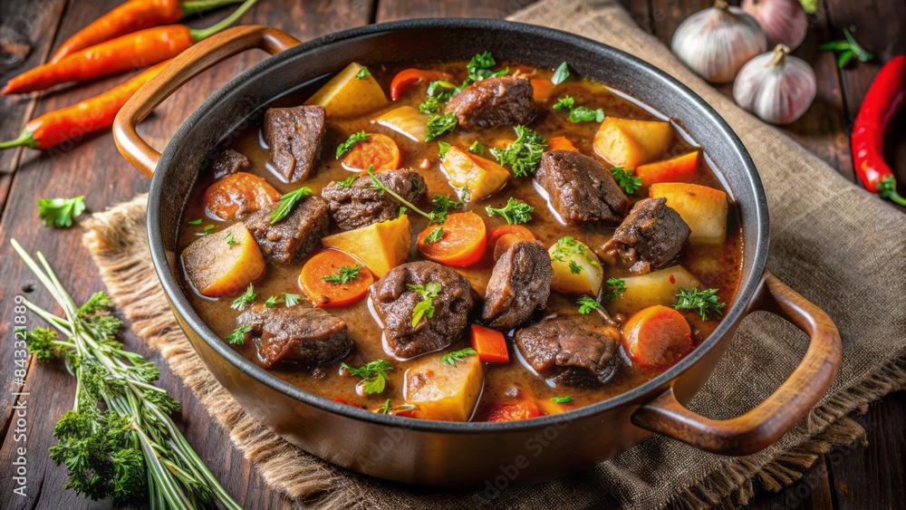 Richly flavored hungarian braised venison stew with tender vegetables and fragrant herbs simmering in a savory sauce, beautifully presented in a sleek designer dutch oven. Richly flavored hungarian braised venison stew with tender vegetables and fragrant herbs simmering in a savory sauce, beautifully presented in a sleek designer dutch oven.