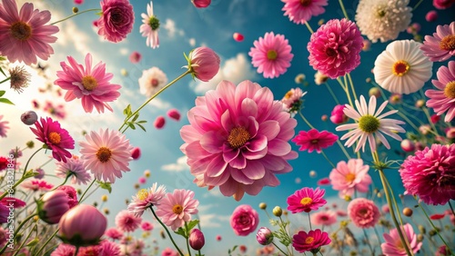 Vibrant pink flowers suspended in mid-air, gently drifting upwards, filling the frame with a mesmerizing and whimsical floral arrangement, evoking a sense of wonder.