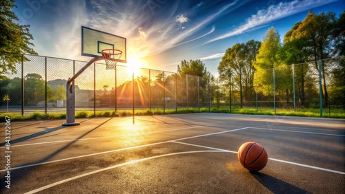 Empty outdoor basketball court with hoop and net, freshly painted lines, and a lone basketball resting on the ground in warm afternoon sunlight.