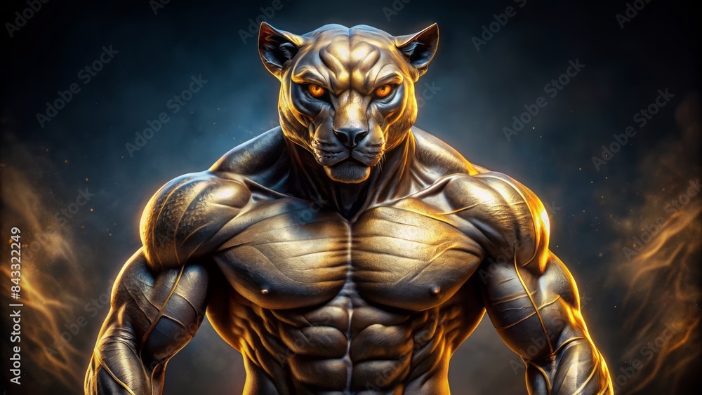 A majestic, golden-eyed panther mascot stands fiercely, its muscular body posed against a dark, gradient background, showcasing power and strength. A majestic, golden-eyed panther mascot stands fiercely, its muscular body posed against a dark, gradient background, showcasing power and strength.