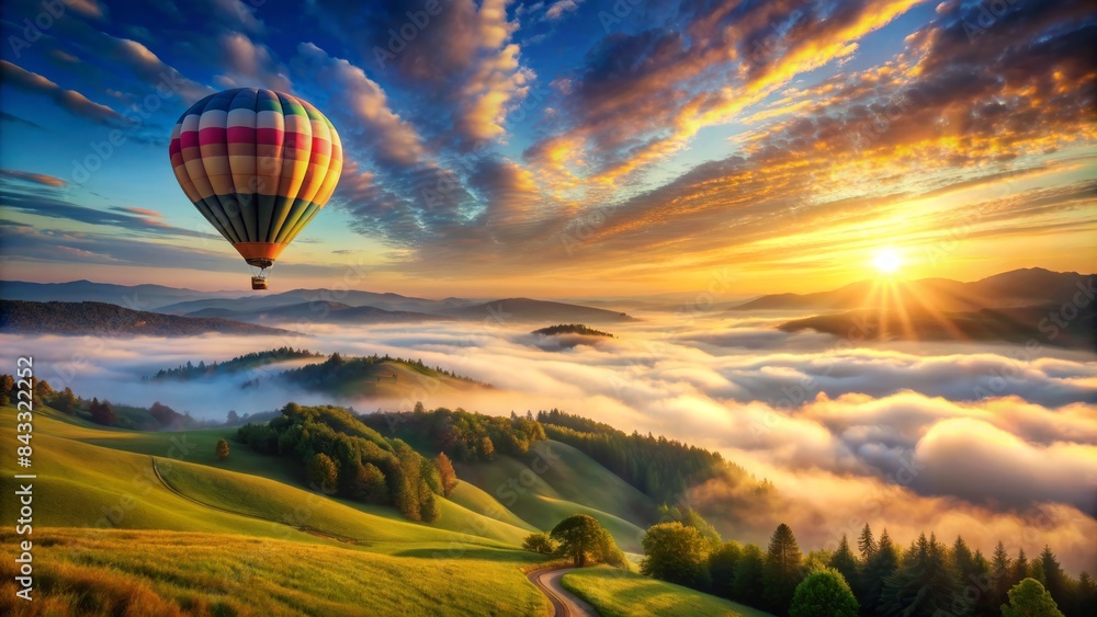 Fototapeta premium Vibrant illustration of a serene landscape featuring a hot air balloon soaring above fluffy white clouds and rolling hills at dawn.