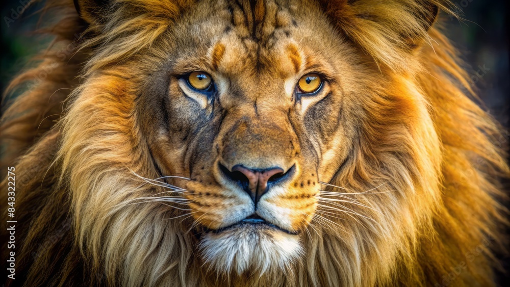 Fototapeta premium Majestic lion's regal face fills the frame, golden fur and whiskers sharply defined, piercing eyes gleam with fierce intensity, wild beauty on full display.