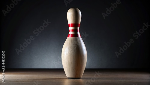 A solitary wooden bowling pin, adorned with a single red stripe around its neck, stands isolated against a stark, matte black background, evoking a sense of nostalgia. photo
