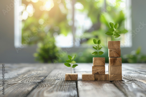 Small green plants growing from wooden blocks on a wooden table with a blurred natural background  symbolizing growth  progress  and sustainability.