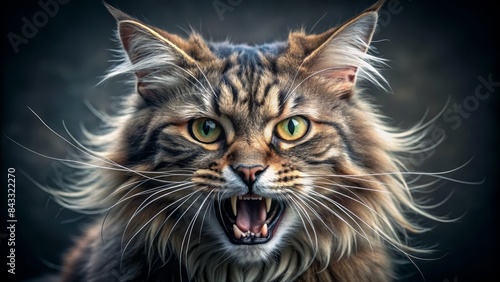 A furious, disheveled feline with mangy fur, whiskers askew, and beady eyes blazing with intensity, its ears flat, teeth bared in a menacing snarl.