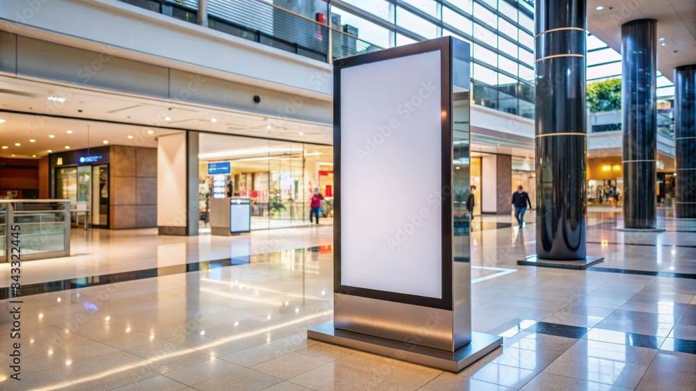 A sleek, modern vertical advertising sign stands alone in a bustling mall, awaiting custom graphics, its bright screens and metallic frame gleaming in the ambient light. A sleek, modern vertical advertising sign stands alone in a bustling mall, awaiting custom graphics, its bright screens and metallic frame gleaming in the ambient light.