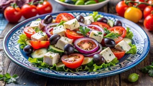 Vibrant fresh greek salad with feta cheese juicy tomatoes crisp cucumbers kalamata olives beautifully presented on a decorative plate for a healthy meal.