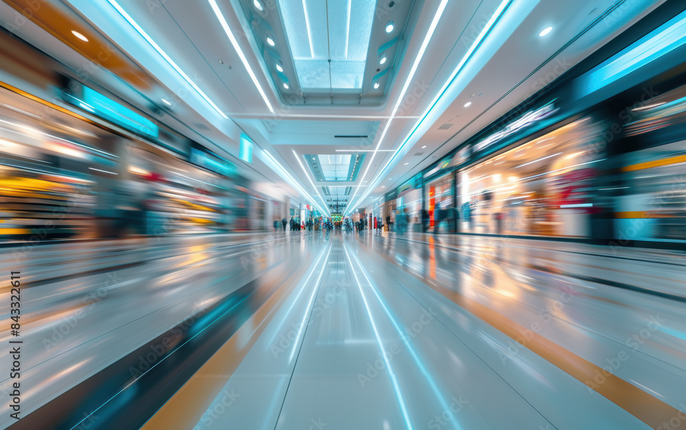 Modern shopping mall interior with motion blur effect, showcasing bright lighting, sleek design, store displays, and a vibrant commercial atmosphere. Modern shopping mall interior with motion blur effect, showcasing bright lighting, sleek design, store displays, and a vibrant commercial atmosphere.