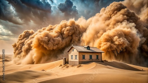 Isolated desert residence engulfed by furious torrent of sandy vortex, windows and doors barely visible beneath churning clouds of beige and orange dust. photo