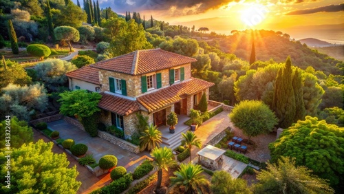 Dramatic sunlight illuminates traditional greek-style villa with rustic terracotta roofs, surrounded by lush greenery and a majestic tree, set amidst a serene landscape. photo
