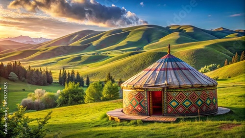 Serene nomadic retreat featuring a vibrant, intricately patterned yurt amidst a lush, tranquil landscape with rolling hills and a clear blue sky. photo