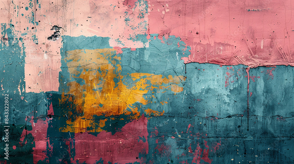 Grainy abstract grunge texture with vibrant pink, blue, and yellow paint splatters on a weathered wall, creating a colorful and artistic background. Grainy abstract grunge texture with vibrant pink, blue, and yellow paint splatters on a weathered wall, creating a colorful and artistic background.