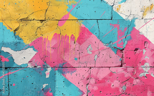 Vibrant abstract graffiti street art on a cracked brick wall, featuring splashes of yellow, pink, blue, and white colors with a textured urban appearance.