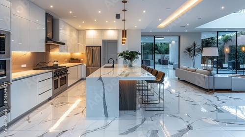 Modern high-tech kitchen with glossy white facades and built-in appliances: marble countertop, built-in stove, modern lamps and bar stools with metal legs. photo