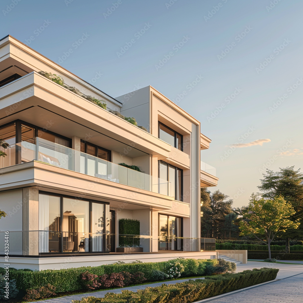 Front view from a low angle of a modern luxury suburban house with soft cream walls and sleek glass balconies, set against a backdrop of a pristine garden. Front view from a low angle of a modern luxury suburban house with soft cream walls and sleek glass balconies, set against a backdrop of a pristine garden.