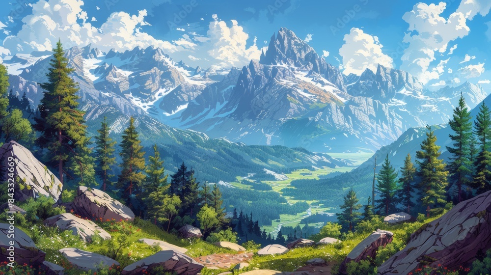 Obraz premium An illustration of a serene mountaintop with panoramic views of valleys, forests, and distant peaks.
