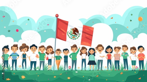 Cartoon vector people participating in a flag-raising ceremony on Mexico Independence Day Generative AI