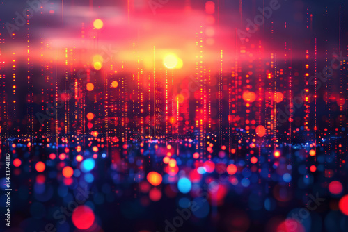 Vibrant abstract background with glowing bokeh lights in red, blue, and purple hues, creating a dynamic and futuristic atmosphere. Ideal for digital designs.