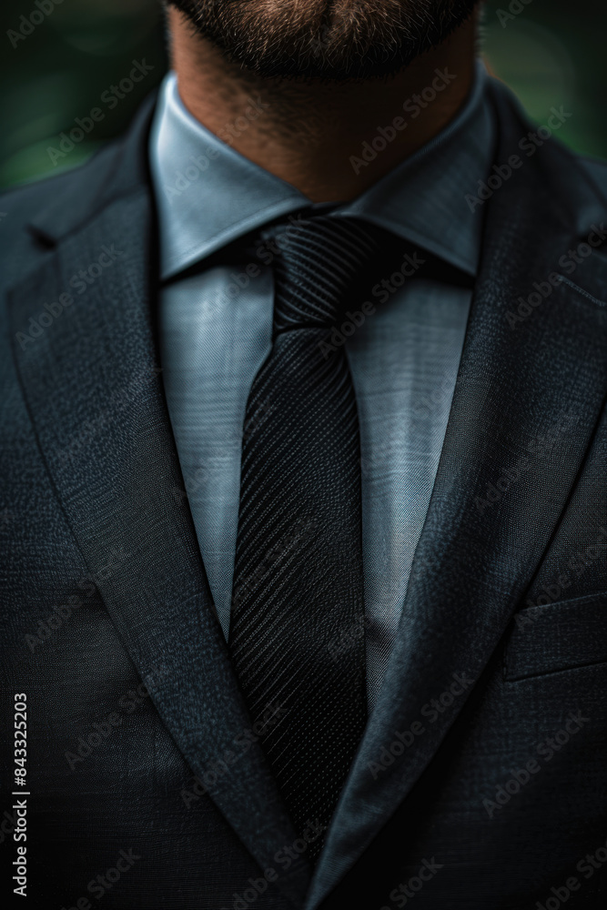 Close-up of a businessman wearing a dark suit, light blue shirt, and black textured tie, highlighting professional attire and elegance in a modern corporate setting. Close-up of a businessman wearing a dark suit, light blue shirt, and black textured tie, highlighting professional attire and elegance in a modern corporate setting.