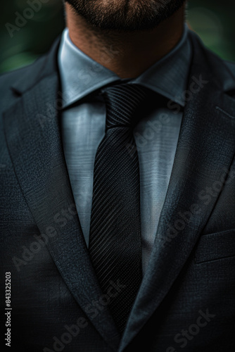 Close-up of a businessman wearing a dark suit, light blue shirt, and black textured tie, highlighting professional attire and elegance in a modern corporate setting.