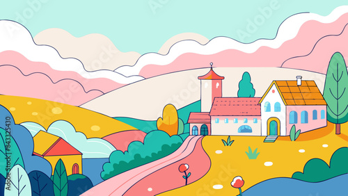 Wallpaper Mural Picturesque Countryside Landscape with Colorful Illustration of a Rural Church Scene Torontodigital.ca
