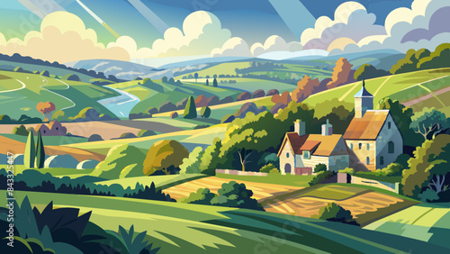 Idyllic Countryside Landscape with Quaint Village and Rolling Hills