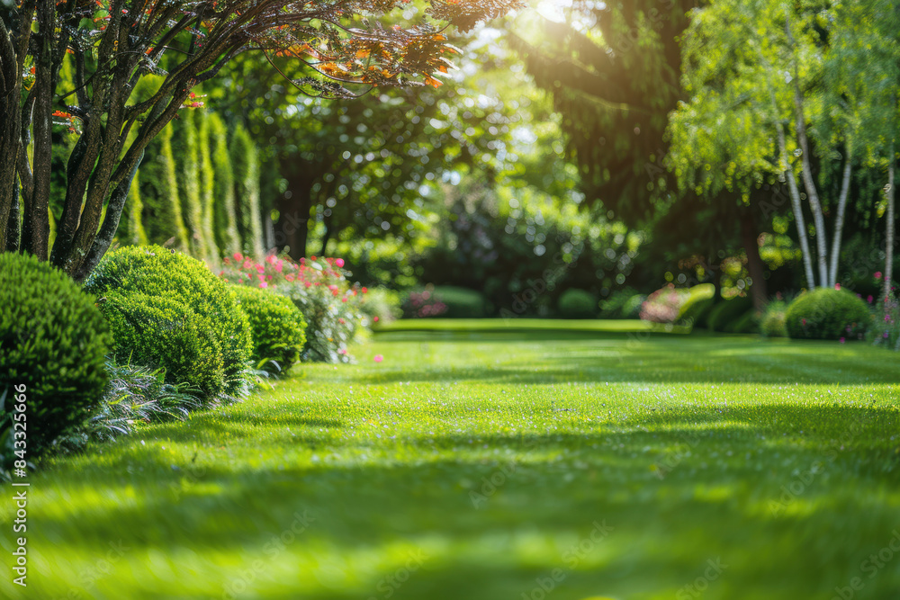 Obraz premium A beautifully manicured garden with lush green grass, trimmed bushes, and vibrant flowers, bathed in golden sunlight on a tranquil day.
