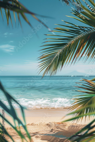 Tropical beach with palm trees framing the ocean view  clear blue sky  and gentle waves lapping on the shore
