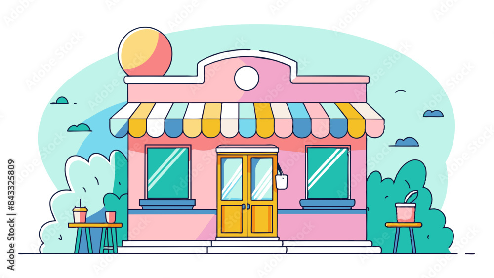 Naklejka premium Colorful Cartoon Illustration of Quaint Street Cafe with Sunny Sky Background