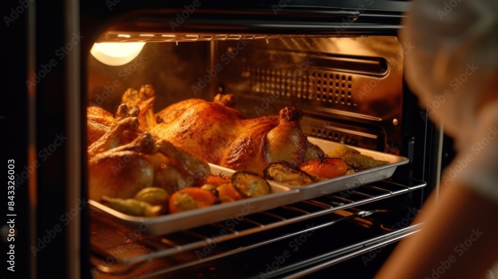 roast chicken in the oven. The chicken looks browned and crispy, indicating it is almost perfectly cooked. roast chicken in the oven. The chicken looks browned and crispy, indicating it is almost perfectly cooked.