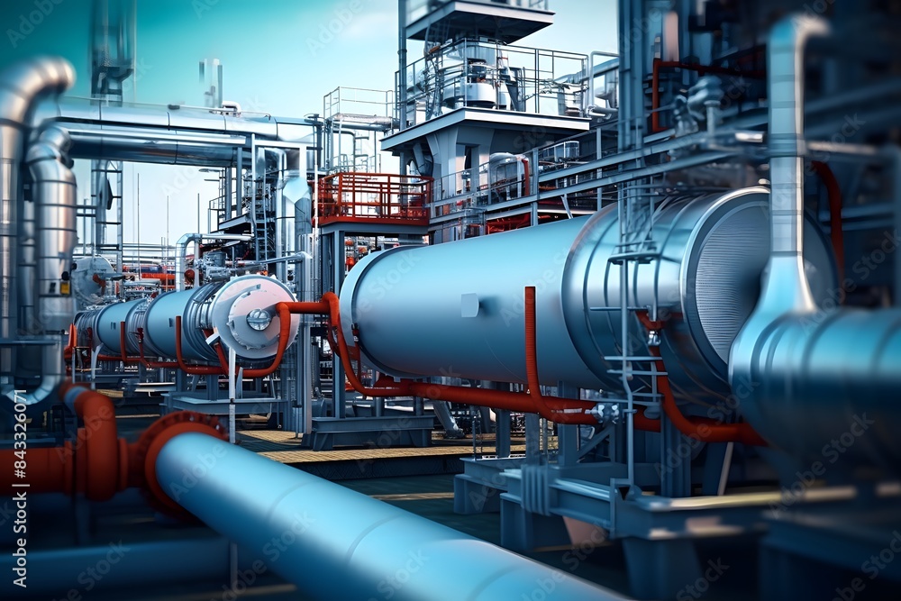 3d rendering of an oil production plant with pipes and machinery, set against the backdrop of industrial architecture. The focus is on one large blue pipe in closeup view 3d rendering of an oil production plant with pipes and machinery, set against the backdrop of industrial architecture. The focus is on one large blue pipe in closeup view