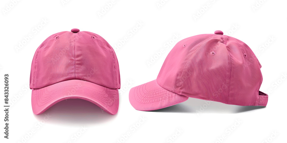 A plain pink baseball cap is displayed from the front and side views. The cap features a classic design with a curved brim and an adjustable strap at the back A plain pink baseball cap is displayed from the front and side views. The cap features a classic design with a curved brim and an adjustable strap at the back