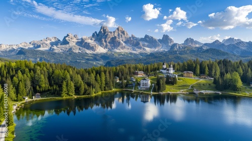 Aerial view of Lago Antorno, Dolomites, Lake mountain landscape with Alps peak , Misurina, Cortina d'Ampezzo, Italy