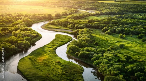 A tranquil river winding through a lush green valley, with sunlight dappling the water's surface and birdsong filling the air © Kaupe