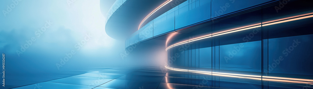 Obraz premium Futuristic architecture with sleek curves, illuminated lines, and misty surroundings, emphasizing modern design and technological advancement.