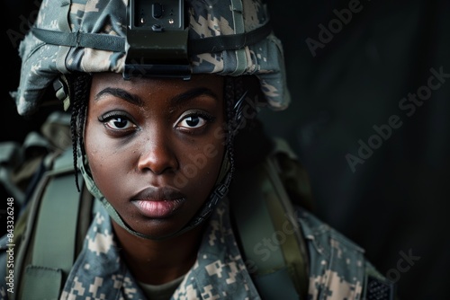 An African American soldier's portrait, her determined expression in sharp focus, with camo gear and helmet against military gear © Kenny