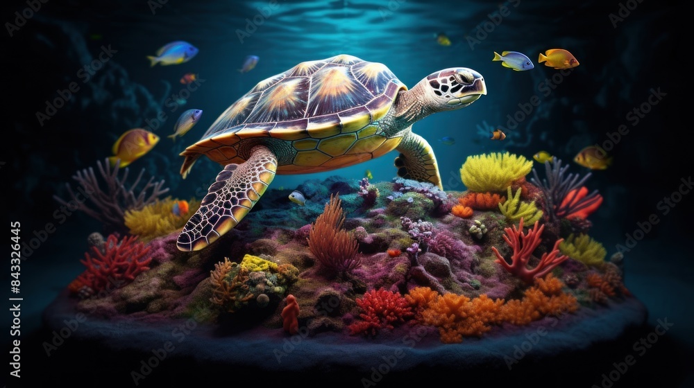 Obraz premium underwater illuminated by natural light with turtles and coral reefs, creating a beautiful atmosphere