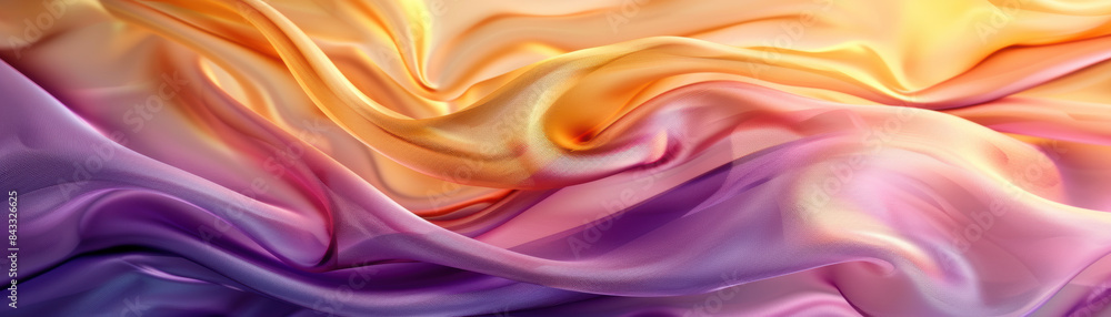 Obraz premium Colorful silk fabric with soft folds and smooth texture, featuring vibrant hues of purple, orange, and pink, creating a luxurious and elegant appearance.