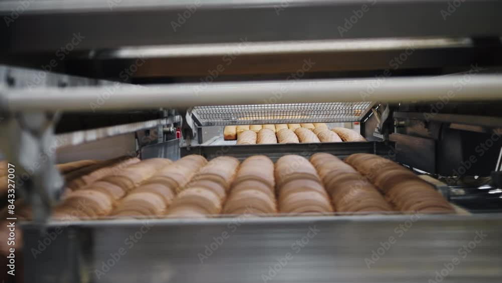 Baked white bread on a conveyor belt of a bakery factory for the production of croutons.