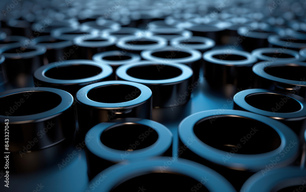 Abstract close-up of shiny black metallic cylinders in varying sizes on a reflective surface, creating a futuristic and industrial texture pattern. Abstract close-up of shiny black metallic cylinders in varying sizes on a reflective surface, creating a futuristic and industrial texture pattern.